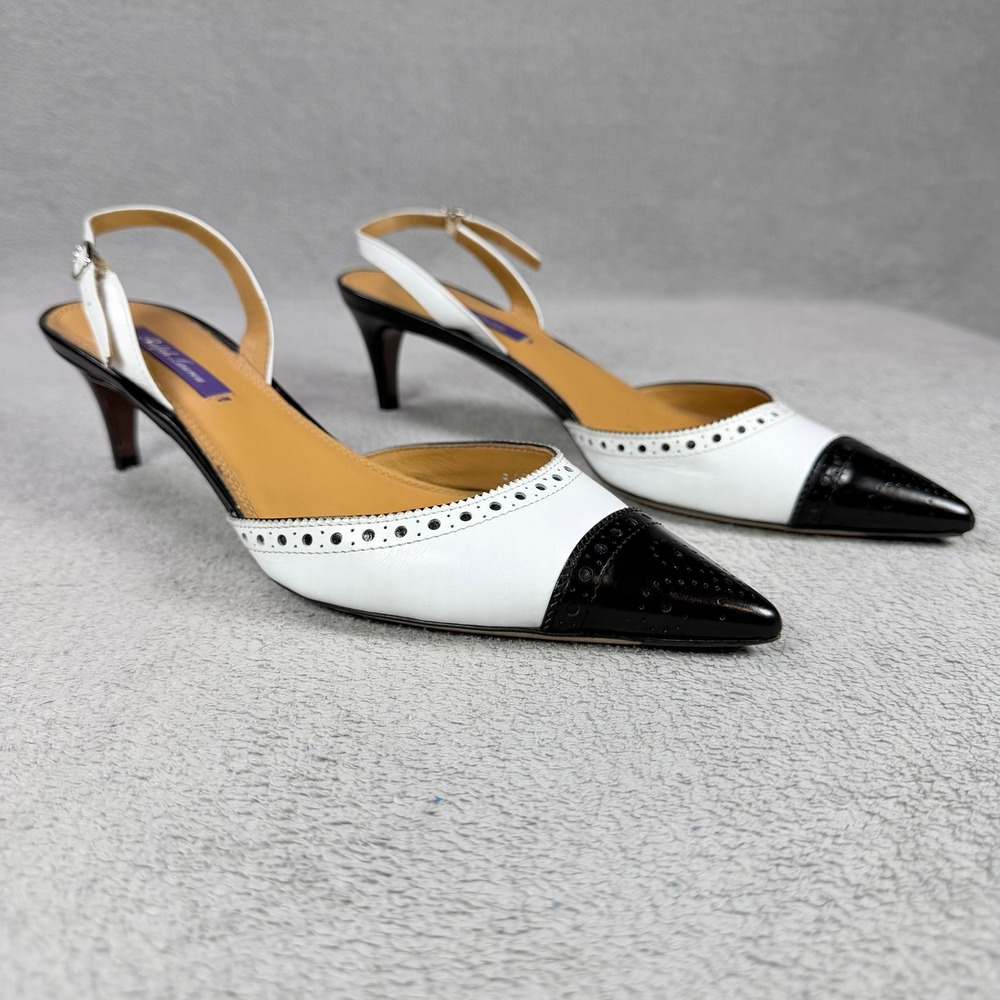 Ralph Lauren Womens 39 Black White Leather Wingtip Brogue Slingback Kitten Heels